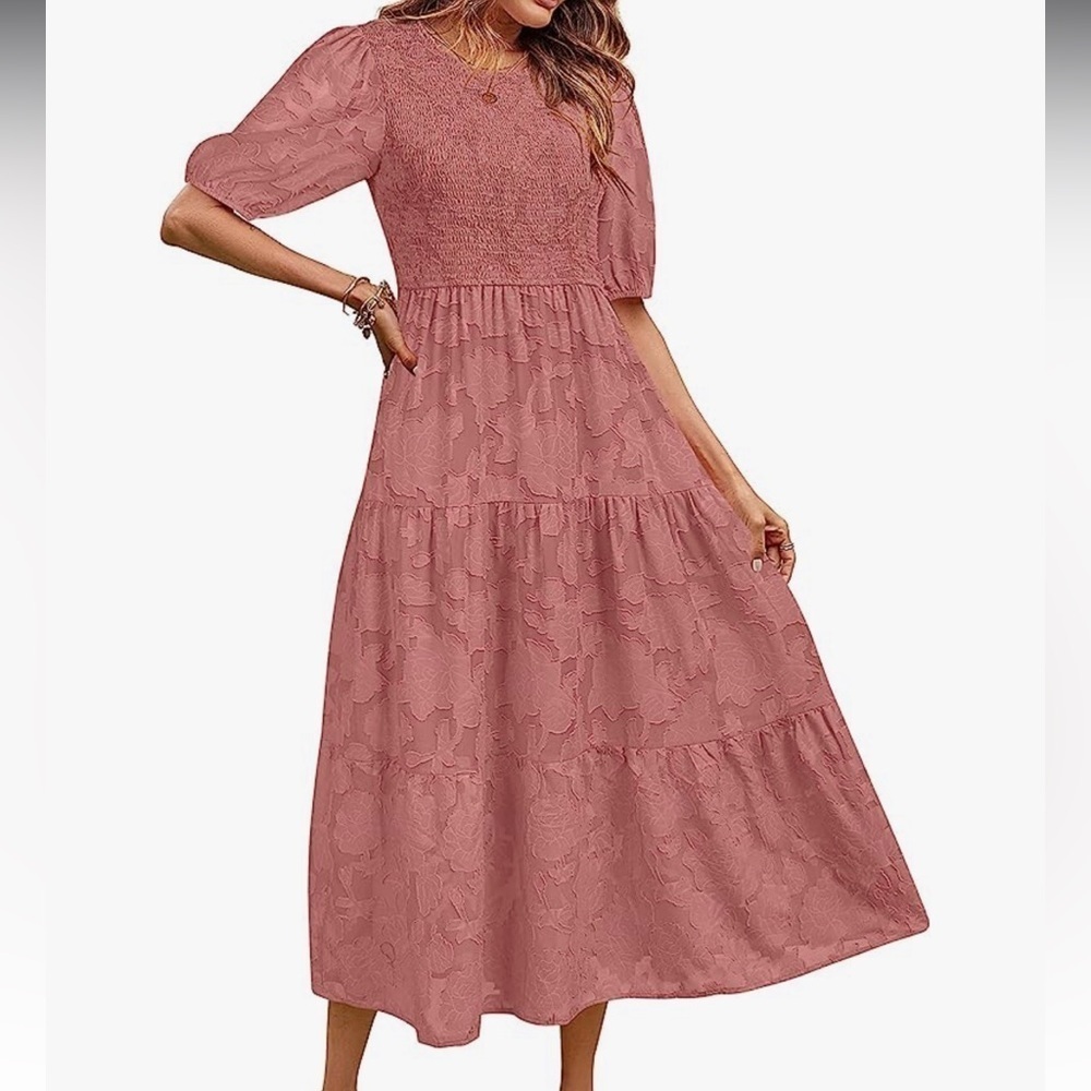 Amazon | NWOT floral pink puff sleeve midi dress size medium